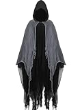 Augisteen Halloween Grim Reaper Costume Medieval Renaissance Hooded Cloak Adult Scary Black Robe Wizard Cape for Unisex Cosplay Props Supplies(Grey)