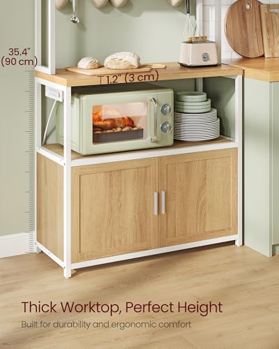 Image of VASAGLE Kitchen Bakers Rack with Power Outlet, Coffee Bar with 35.4-Inch High Worktop, Microwave Stand with 8 Hooks, 15.7 x 31.5 x 66.9 Inches, Golden Oak and Cloud White UKKS059Y01