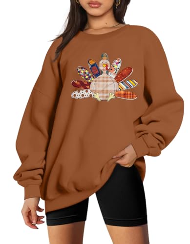 UNIQUEONE Thanksgiving Sweatshirt Women Oversized Turkey Tshirt Brown