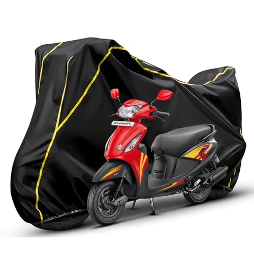 Image of Waterproof Bike Body Cover Compatible with Hero Pleasure Dustproof Scratchproof - Motorcycle Cover for Two Wheeler, Outdoor Full Cover with UV, Duty, Rain Protection (Black & Yellow)