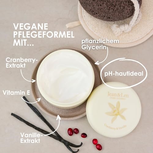 Jean & Len Body Butter Cranberry & Vanille, versorgt die Haut ausreichend mit Feuchtigkeit, zartschmelzende Textur, erheiternd-süßer Duft, vegane Formulierung, ohne Parabene & Silikone, 200 ml