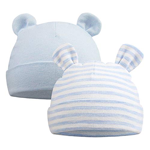 Original Cotton Newborn Beanies Striped Cute Baby Hat for Boys Girls Bear Ears Infant Beanie 2-Pack (Bear(Blue+Blue Striped), 0-6 Months)