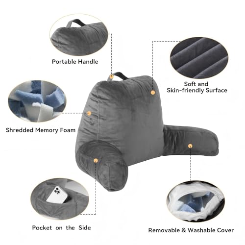 Yagamo Reading Pillow for Bed with Adjustable Memory Foam,Large Adult Backrest with Arms, Back Pillow for Sitting in Bed with Washable Cover- Large, Gray