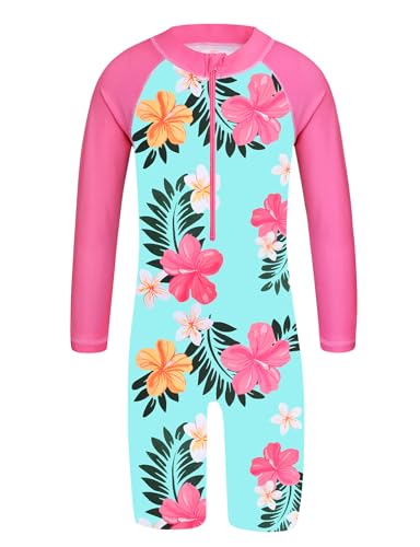 TFJH E Girls Swimsuit Kids Long Sleeve Swimwear UPF 50+ UV Sunblock One Piece Rash Guard Suit,Cyan Flower 140/146