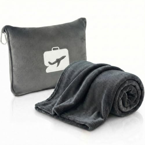 Image of VAS COLLECTIONS Travel Pillow Blanket 2-in-1, Ultra Soft Flannel Blanket with Carry Case, 65x40 Inches, Compact Portable for Flights, Camping and Travel Comfort (Black Grey)