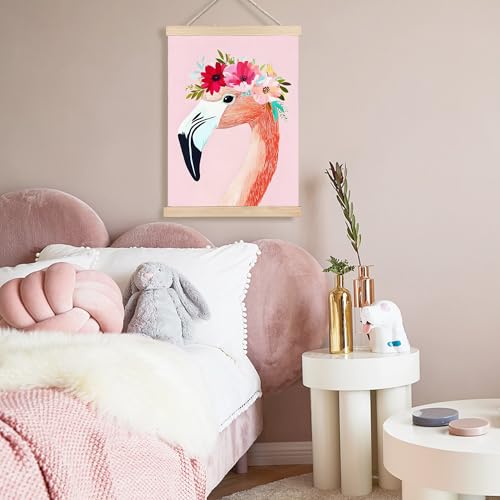 Image of PQKIY Floral Pink Flamingo Wall Art Poster Hanger Frame 12x16 in, Summer Exotic Tropical Bird Flamingo Wall Decor Canvas Prints for Nursery Girls Room Bedroom Dorm Apartment