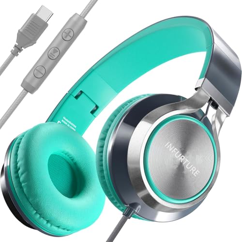 USB C Headphones Wired with Microphone Tangle-Free Plaiting Line,Over Ear Headphones,Lightweight Foldable for School/Travel/Zoom/iPhone 17/16/15, Samsung Galaxy S25/S24, Google Pixel 9, Ideal Gift