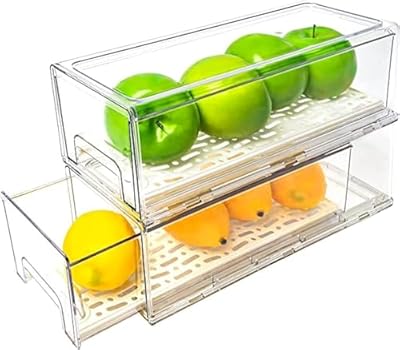 2 Pack Stackable Refrigerator Drawers Pull Out Bins Clear Fridge Drawer Organizer Food Storage Containers Plastic Veggie Fruit Produce Saver for Pantry Kitchen Freezer(M)