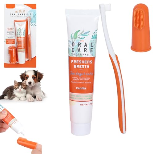 Bavooty Spazzolino e Dentifricio per Cani(Dentifricio 70g+Spazzolino a Setole Morbide+Spazzolino da Dito),Kit Pulizia Denti Animale Domestico,Alito Fresco per Cani o Gatti, 3 Pezzi