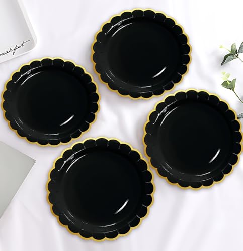 Image of HEIPINIUYE 50 Pieces Black Paper Plates with Gold Foil 9 Inch Disposable Black Scalloped Dinner Plates for Wedding Baby Shower Birthday Party Dessert Plate
