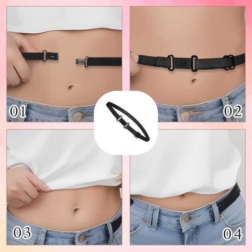 Women's Invisible Shirt Tuck Belt (4 Pack) - Adjustable No Slip Elastic Band, Stays Hidden Under Tops & Dresses for Effortless Style, Black + White3
