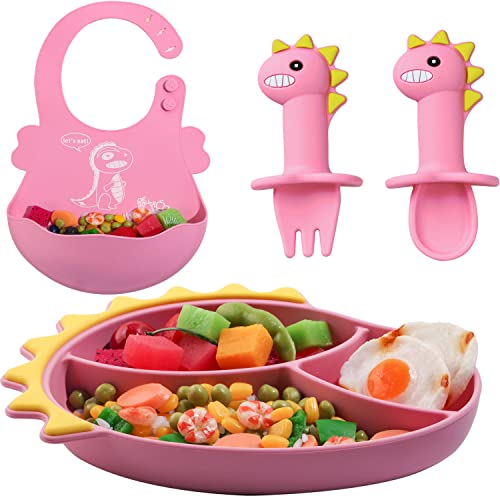Image of KAVONOI Baby Feeding Set，Silicone Suction Plate Dinosaur Shape SelfFeeding Adjustable Bib， Suction Plate for Baby Toddler with Spoon Fork Adjustable Bib Set -Pink Dinosaurs