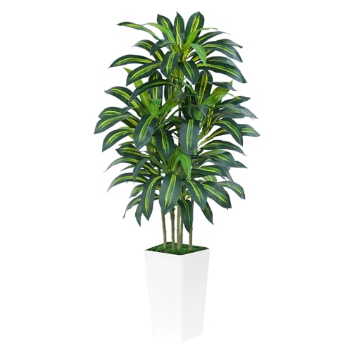 Image of 6FT Artificial Dracaena Tree - High-Density Foliage Fake Plant with White Tall Planter - Faux Yucca Floor Plant for Home Office Decor Indoor