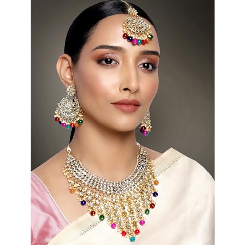 Image of Peora Kundan & Beads Studded Necklace Earrings & Maangtikka Set Ethnic Jewellery for Women & Girls