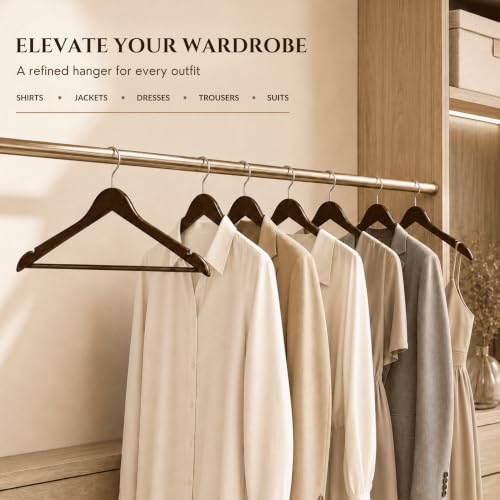 Image of Ash & Roh - Wooden Suit Hangers - Smooth Finish Solid Wood Coat Hanger with Non Slip Pants Bar, 360 Swivel Hook and Precisely Cut Notches Camisole, Jacket, Clothes Hangers (Cherry Hanger, 24)