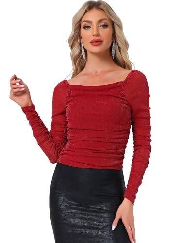 Haut froncé pour femme Allegra K en maille pailletée et courte
