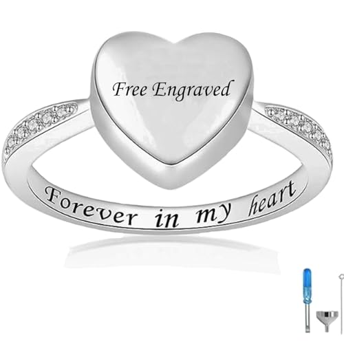 925 Sterling Silver Personalized Heart Urn Ring,Pet's or Human's Ashes Keppsake Memorial Jewelry Freedom Engraving Cremation Heart Rings(Select Size 5-10 and Birthstone)