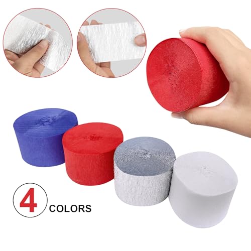 Image of 4 Crepe Paper Streamers Rolls, 328ft Pack of Red, White, Blue and Silver Crepe Paper for 4th of July, Independence Day, Labor Day, Veterans Day Decorations (1.8 inch x 82 ft /Roll)