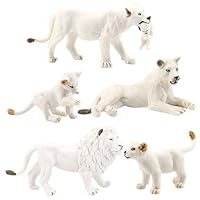 Hemore 5Pcs Realistic Lions Statue, Male, Female & Cub, Decorative & Educational, White Plastic, 13.5x7cm/5.31x2.76inch