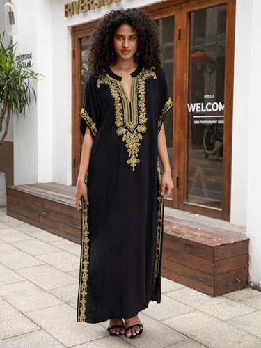 Image of KECVOT Kaftan Dresses for Women Embroidered Short Sleeve V-Neck Plus Size Caftan Bikini Swimsuit Cover-Up Long Beach Dress