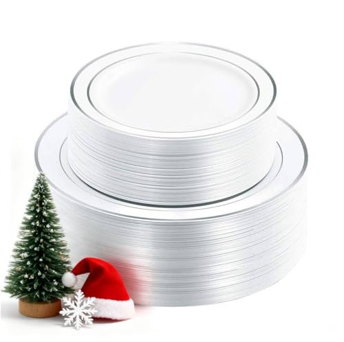 WDF 120PCS Plastic Christmas Plates White Silver Rim - Disposable Plates including 60PCS for Dinner 10.25inch, 60 Salad/Dessert Plates 7.5inch Heavy Duty Wedding WDF 120PCS Plastic Christmas Plates White Silver Rim - Disposable Plates including 60PCS for Dinner 10.25inch, 60 Salad/Dessert Plates 7.5inch Heavy Duty Wedding