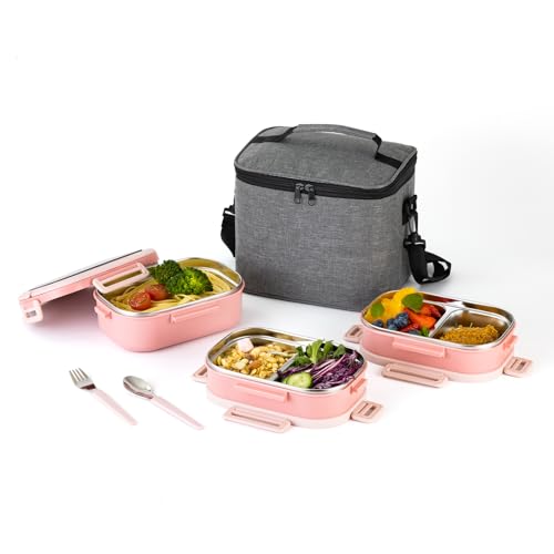 Lille Home 3-Tier Stainless Steel Lunch Box, Portable 82oz Large Capacity Leak-Proof Bento Box,5-Compartment Lunch Box With Lunch Bag And Utensils, Suitable For Work, Camping, Fitness (Pink)