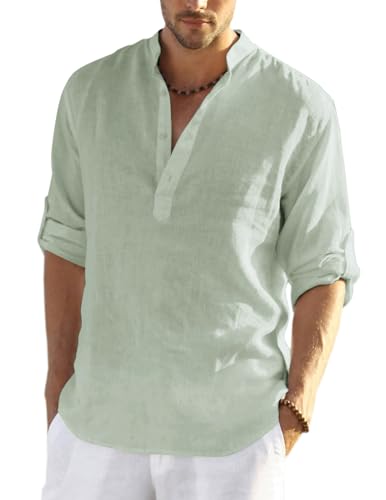 T-shirt en coton et lin de qualité supérieure Coofandy henley manches longues vert M