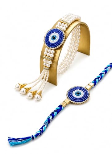 Image of Bhaiya Bhabhi Rakhi Set with Pearl Bracelet | Designer Rakhi for Brother & Bhabhi | Traditional Raksha Bandhan