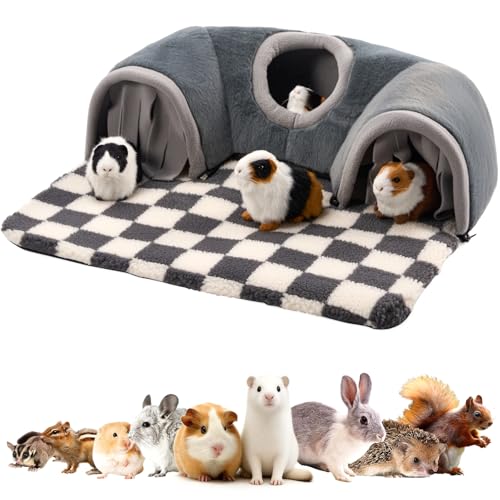 Avont Maison pour Cochon d’Inde, Lit à Cabane pour Petits Animaux, Tapis Lavable pour Lapin Nain, Nid Intérieur avec Tunnel pour Jouer, Dodo et Cachette,...