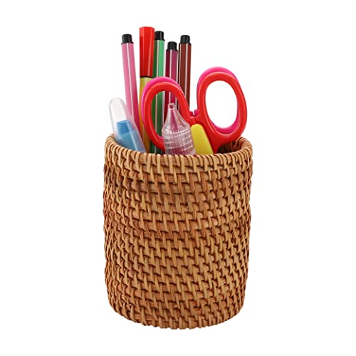 Okllen 2 Pack Rattan Pencil Holder, Handmade Wicker Pen Cup Makeup Brushes Holder, Woven Vine Desk Organizer Pen Container Box For Office & Home Desktop, Kitchen Utensil Cutlery, Cylinder #TOP4