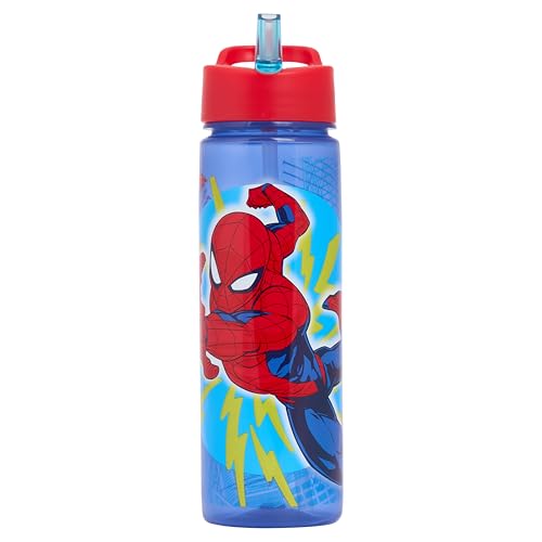 Marvel Spider-Man Kids Water Bottle Blue and Red 600ml with Flip-Top Lid Built-In Straw and Carry Handle