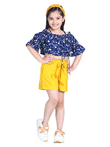 Image of Naughty Ninos Girls Navy Blue Floral Printed Top with Yellow Shorts