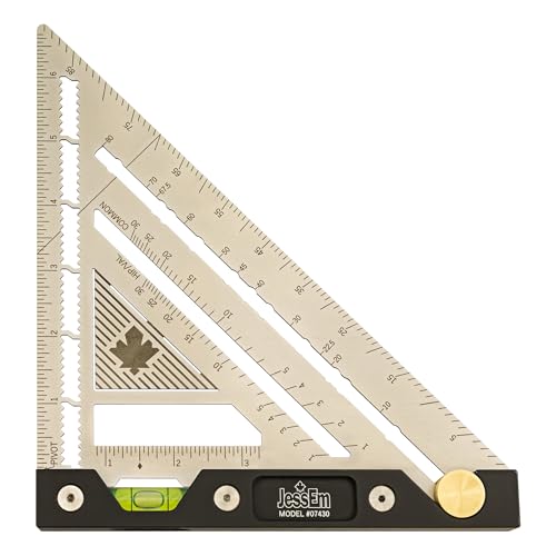 Jessem 07430 Quick Angle Square Durable 1/16 Stainless Steel Imperial Square with Built-in Level Non-Slip Flex Grip Adjustable Angle Stop Preset Detent Angles & Laser-Etched Markings