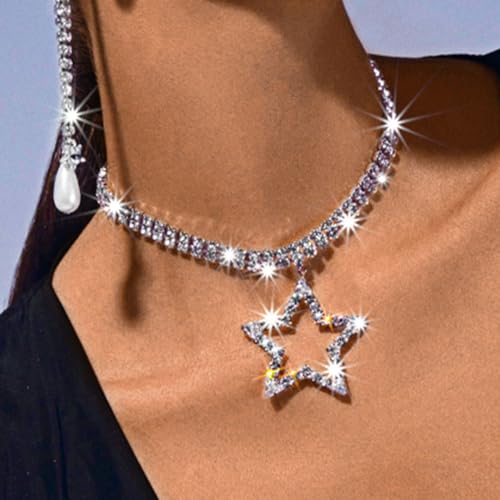 ACEDRE Silver Star Rhinestone Necklace Bling Disco Big Crystal Jewelry for Women3