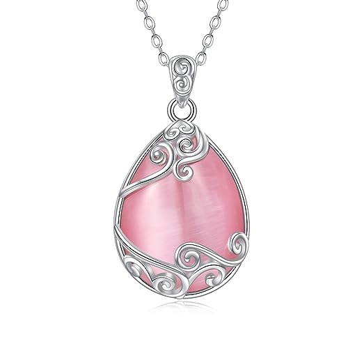 YAFEINI Teardrop Necklace 925 Sterling Silver Pink Natural Stone Necklace