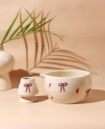 Image of Craftribal Handmade Ceramic Ribbon Matcha Bowl with Whisk Holder - Pottery Chawan for Japanese Tea Ritual, Matcha Lovers & Gifting|Bowl - 5.5 inches|Holder-2.5 inches|Design-Ribbon