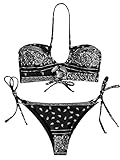 SOLY HUX Women's 2 Piece Swimsuit Paisley Print Halter Tie Side Bikini Set Bathing Suits Black and White Print S