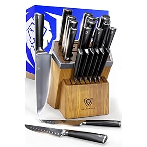 DALSTRONG 24 Piece Knife Block Set with Kitchen Scissors – Vanquish Series – Forged High Carbon German Steel – POM Black Handle – NSF Certified – 8 Steak Knife Set – with Honing Rod Sharpener