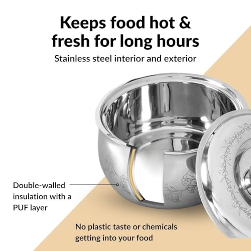 Image of Nestasia Stainless Steel Insulated Casserole with Lid (1500 ml) - 100% Food Safe Casserole for Roti Hot Case with Floral Vine Pattern - Keeps Food Hot & Cold | Rust Resistant & BPA - Free