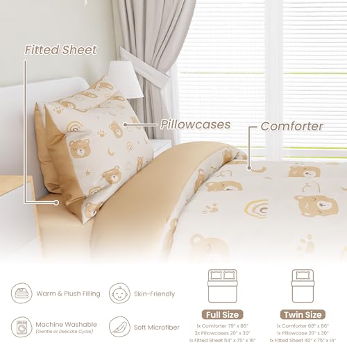 Image of SANDJEST Bear Comforter Set Full Size 98x86in for Kids Boys Girls Unisex, Microfiber 4 Pcs Bedding Set Includes 1 Comforter, 2 Pillowcases, 1 Fitted Sheet, Nursery Room Decor