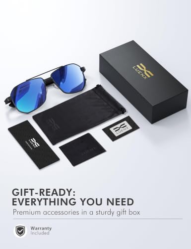 Image of Luenx Aviator Polarized Sunglasses for Men: Square UV400 Driving | Big Head Fit,Adjustable Nose Pads,Lightweight,Anti-slip,Impact-resistant,Scratch-Resistant,Glare Reduction,Gift-Ready Set