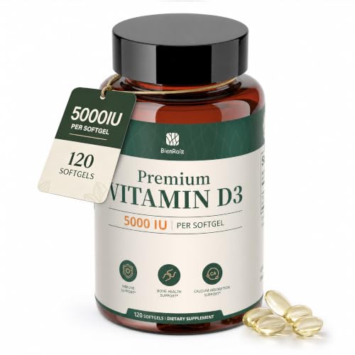 BienRaiz Vitamin D3 5000 IU Softgels for Indoor Workers & Seniors Made with Sunflower Seed Oil for Better Absorption. Supports Immune System, Bone & Heart Strength. Non-GMO, Soy & Gluten Free 120 CT