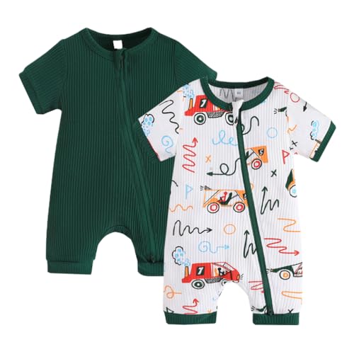 Image of Bafeicao Unisex Baby Boy Girl 2 Pack Rompers Short Sleeve 2 Way Zipper One Piece Jumpsuits Clothes Sets