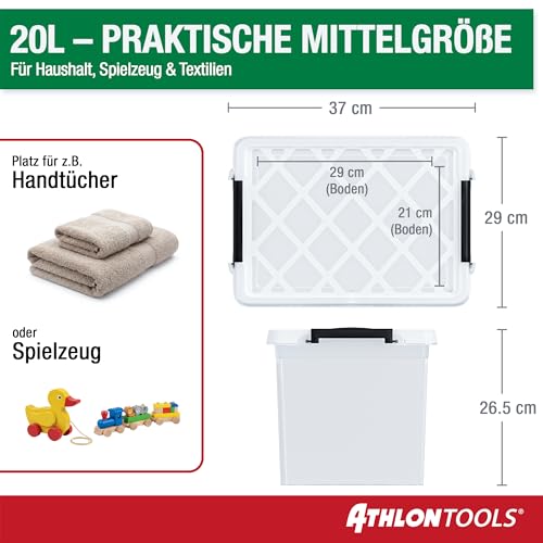 ATHLON TOOLS 4x 20 L Aufbewahrungsboxen mit Deckel, lebensmittelecht - Verschlussclips - 100% Neumaterial Plastik-Box transparent - Kleiderboxen stapelbar…