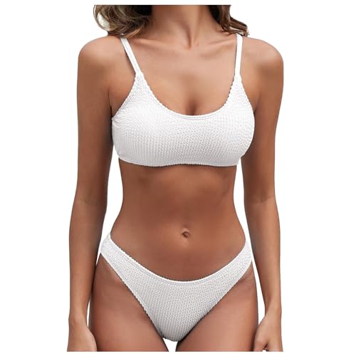 Bikini de cintura alta para mujer, con cuello redondo, texturizado, de dos piezas, parte inferior del bikini, blanco, S