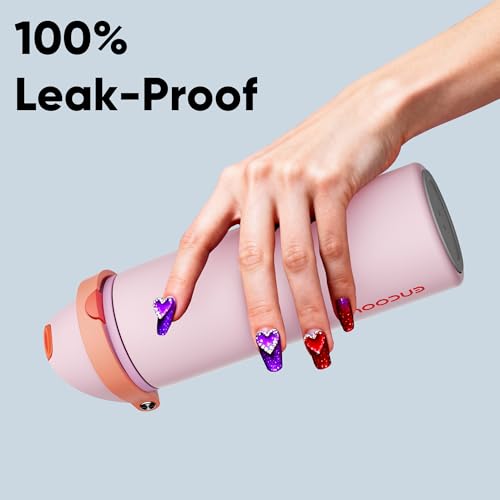 Image of Insulated Water Bottle with Straw - Encool Stainless Steel Water Bottle with Push Button Lid, Leak-Proof & BPA-Free, Keeps Cold for 24 Hours for Sports, Travel, Gym (24 oz, Lily-Red)