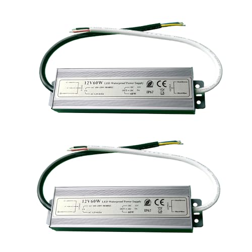 Image of 2pcs Packed IP67 Waterproof 60W 12V Power Supply LED Driver Transformer Adapter 100V-265V AC to 12V 5A DC Low Voltage Output for LED Light, Computer Project, Outdoor Light (2 Packed)