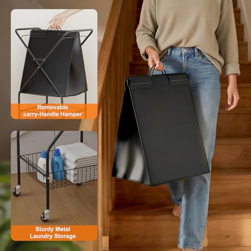 Image of Laundry Basket with Wheels:88L Rolling Laundry Cart Foldable Metal Frame Dirty Clothes Laundry Hamper 36 inchH 4 Caster 2 Brake Waterproof Removable Liner Carry Handle for Dorm Laundry Room,Black