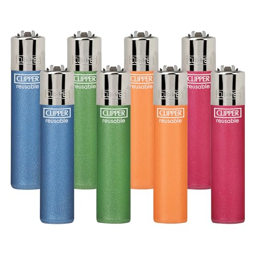 Clipper - Classic Large Reusable Lighter - Iconic Premium Refillable Lighters Bulk Pack - Replace Butane, Flint, and Spark Wheel for Unlimited Lights - 8 Pack - Metallic Flourescent
