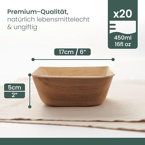 HAAGO 20 Palmblatt Schalen Quadratisch 450ml Heim Kompostierbar Einweg Stabil Suppenschalen Mikrowellenfest Gefrierfest Umweltfreundlich Partygeschirr